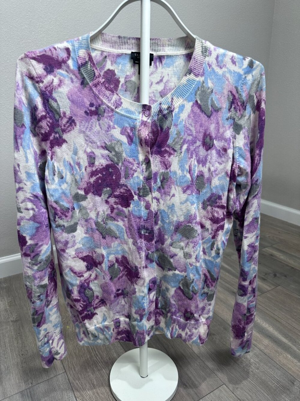 Talbots Pure Italian Merino Wool Floral Cardigan Women’s L Purple Blue